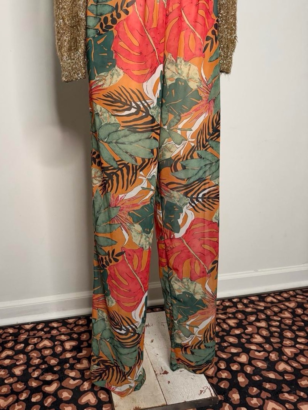 PrettyLittleThing Coral & Green Tropical Wide-Leg Pants